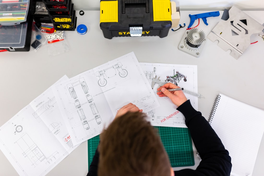 Engineering a product idea into a finished product — technical drawings, precision measurement and parts